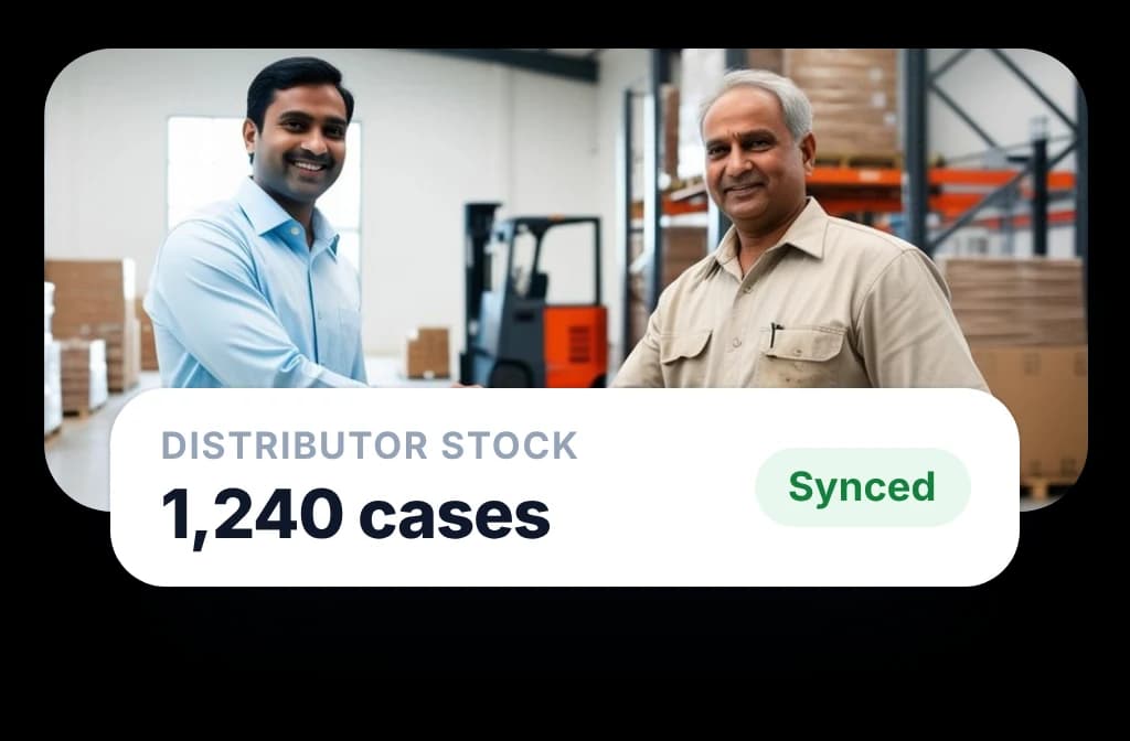 Distributor warehouse with its stock of 1,240 cases synced to the same platform