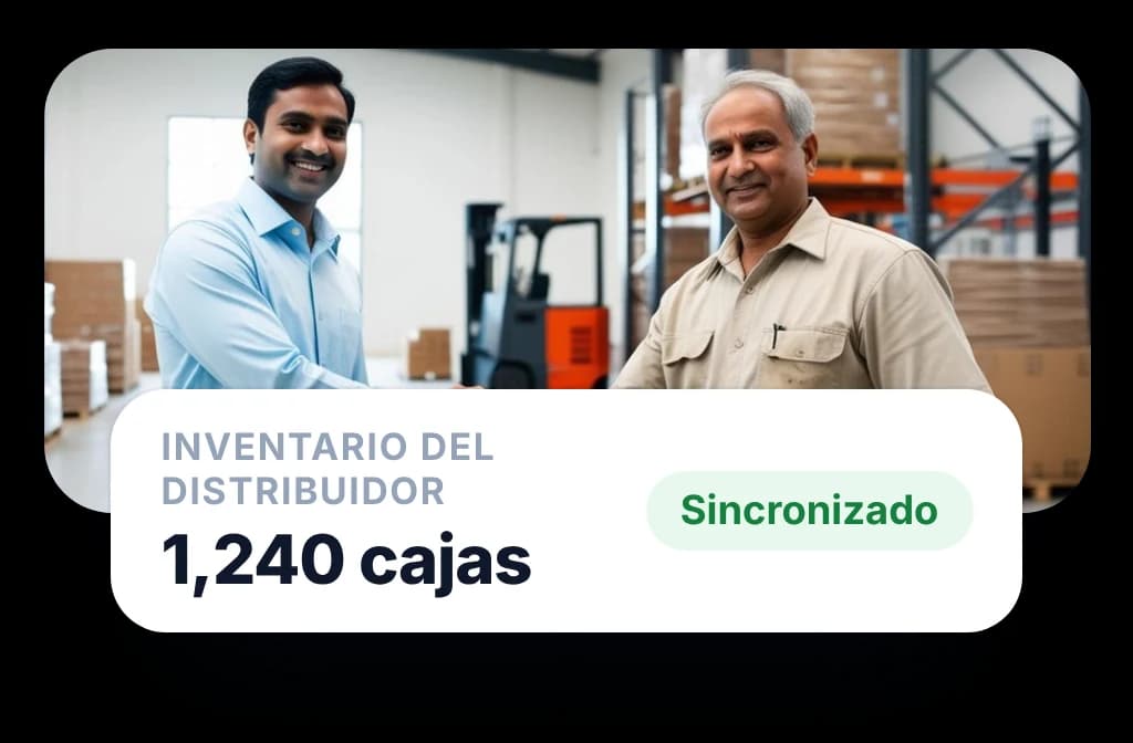 Almacén del distribuidor con su inventario de 1,240 cajas sincronizado en la misma plataforma