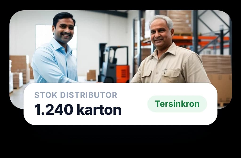 Gudang distributor dengan stok 1.240 karton yang tersinkron di platform yang sama