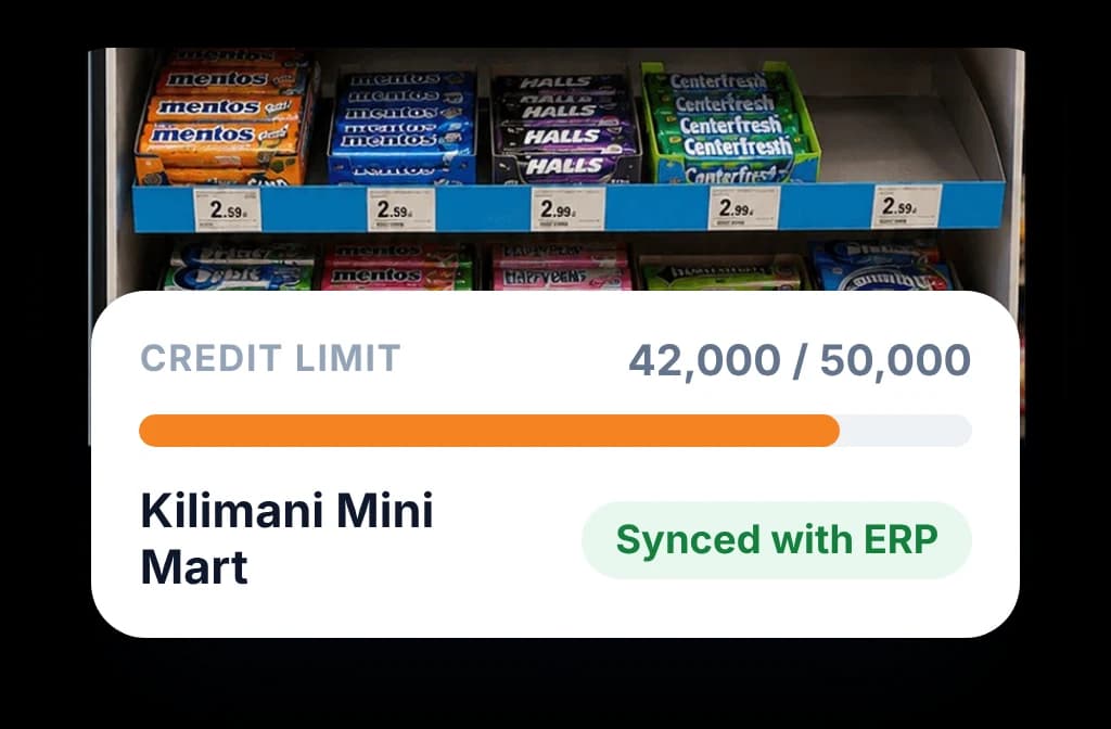Outlet credit limit synced with the ERP: 42,000 of 50,000 used before the next order