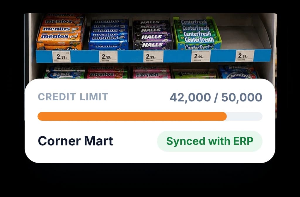Outlet credit limit synced with the ERP: 42,000 of 50,000 used before the next order