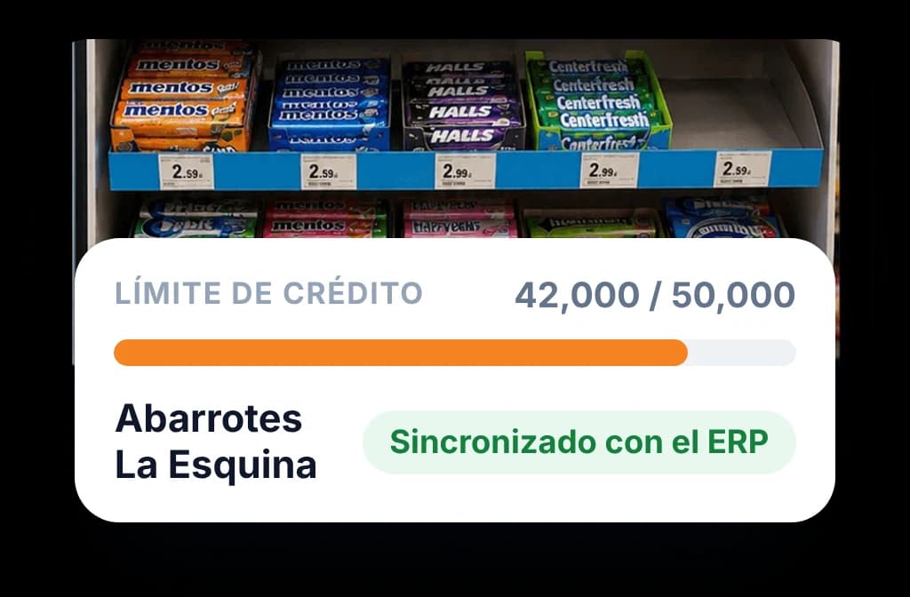 Límite de crédito de la tienda sincronizado con el ERP: 42,000 de 50,000 usados antes del pedido
