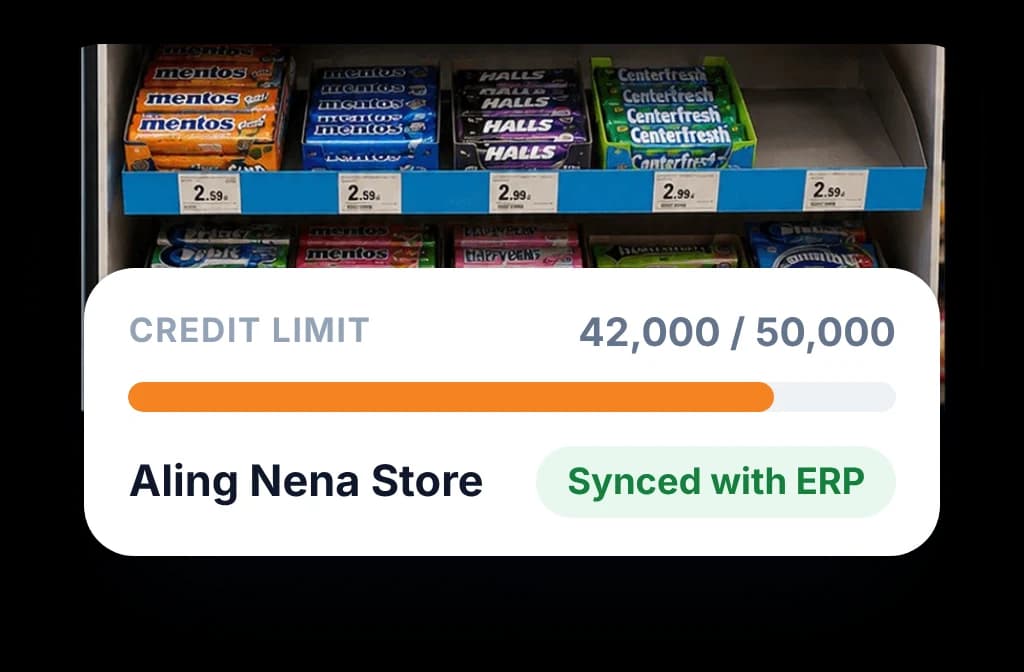 Outlet credit limit synced with the ERP: 42,000 of 50,000 used before the next order