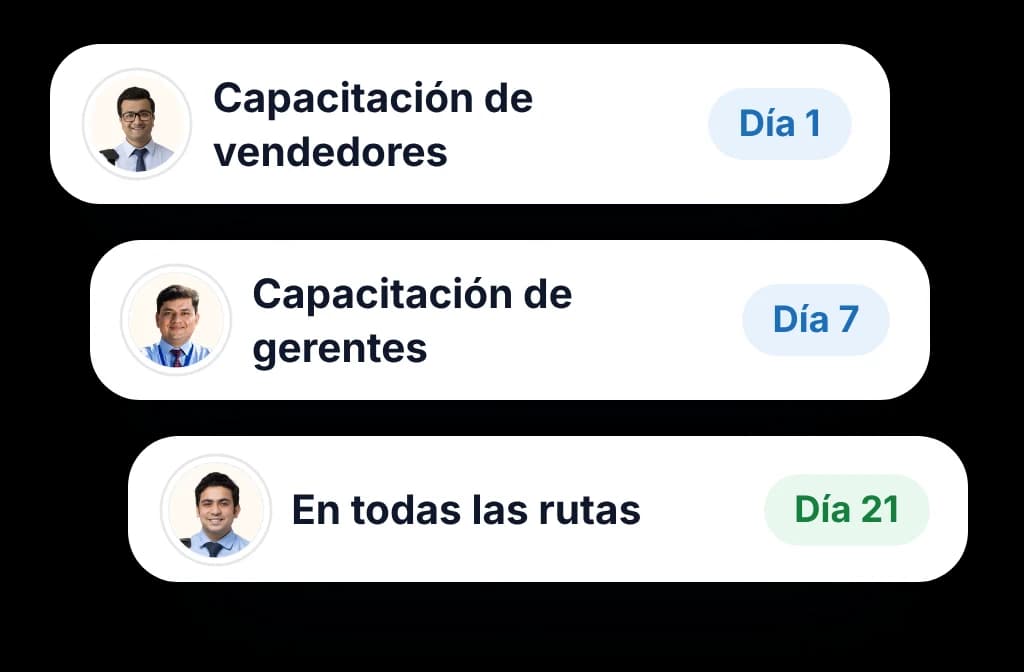 Agenda de arranque con caras reales: capacitación de vendedores el día 1, gerentes el día 7, en vivo el día 21