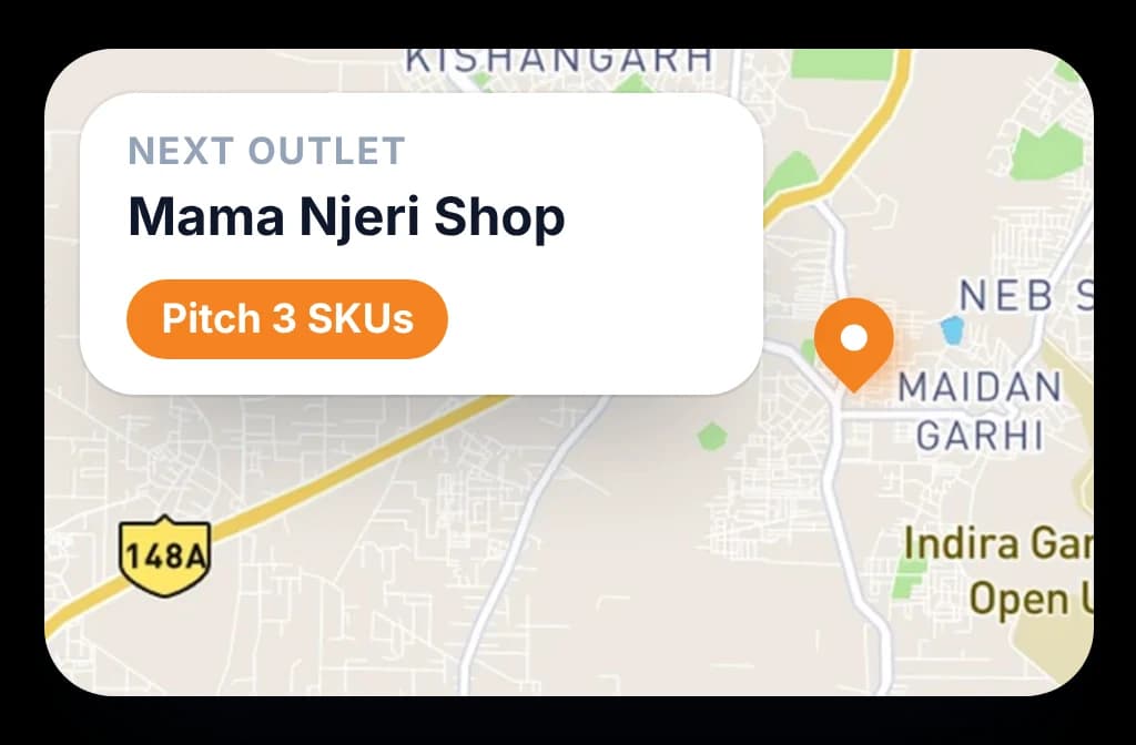 Map showing the next outlet a rep should visit and the three SKUs to pitch there
