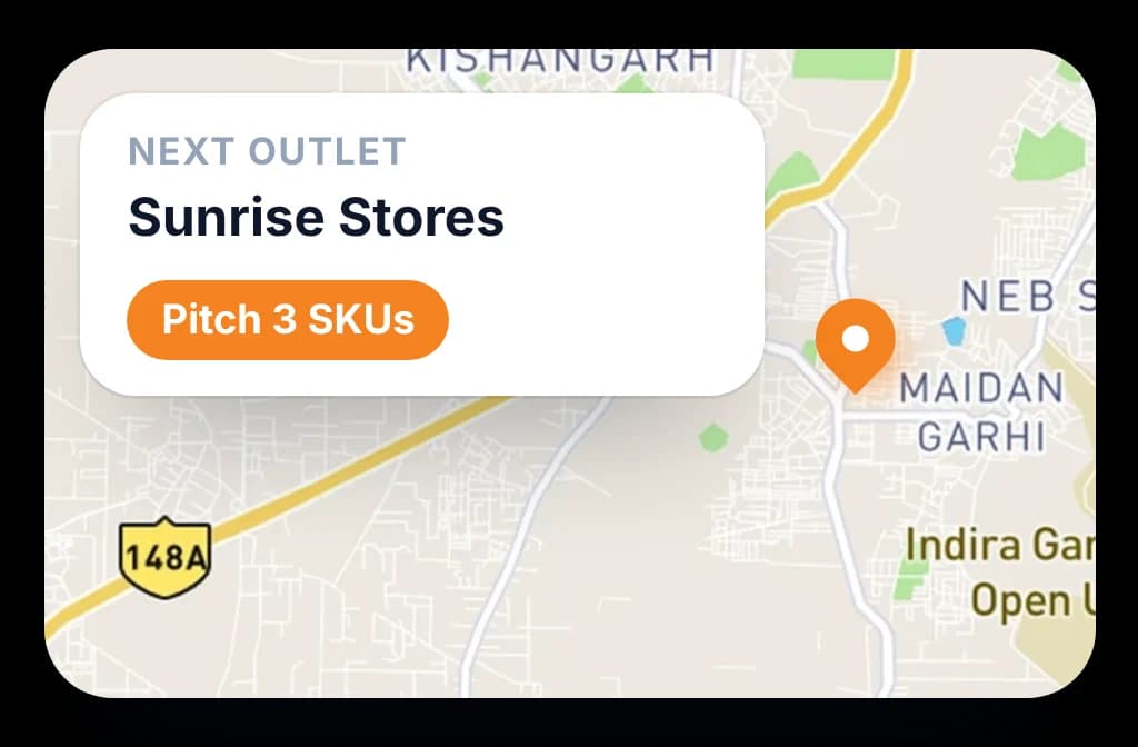 Map showing the next outlet a rep should visit and the three SKUs to pitch there