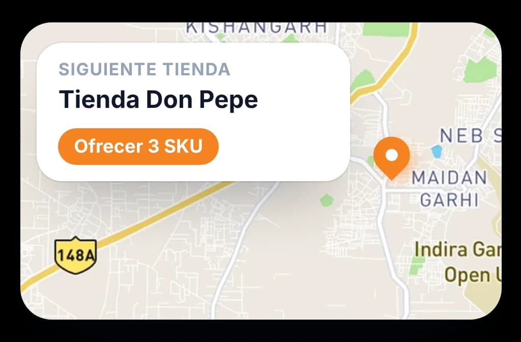 Mapa con la siguiente tienda que debe visitar el vendedor y los tres SKU que debe ofrecer