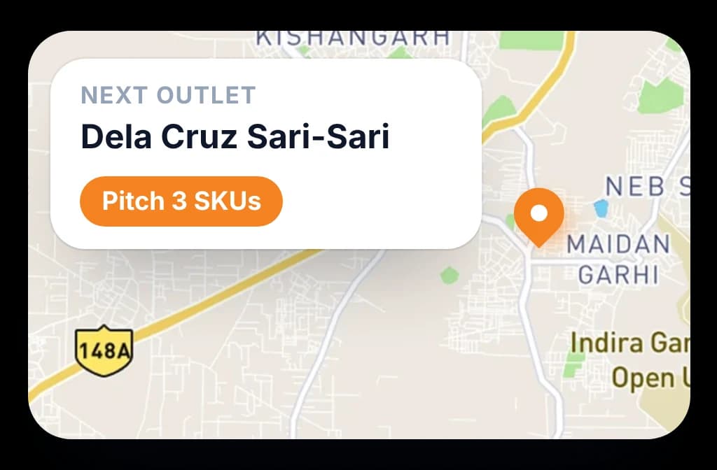 Map showing the next outlet a rep should visit and the three SKUs to pitch there
