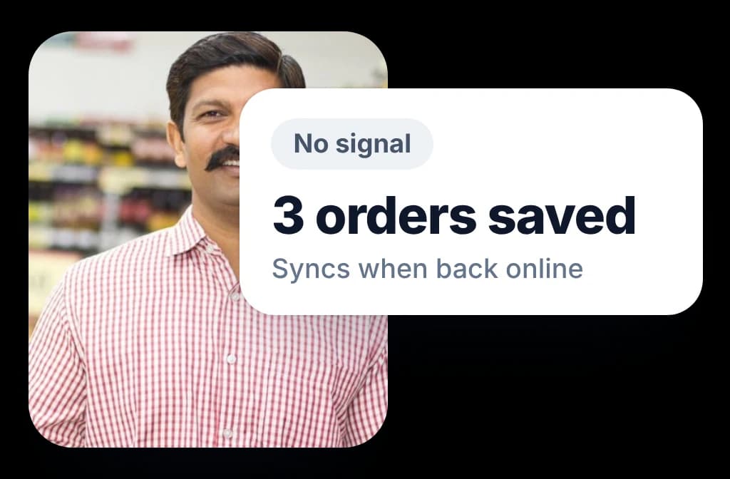 SFA app with no signal in a store: three orders saved offline, to sync once back online