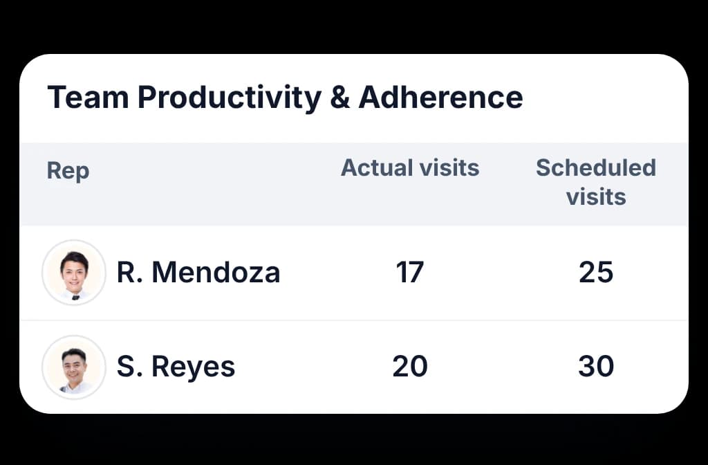BeatRoute Team Productivity and Adherence report: actual against scheduled visits for each salesman on the team