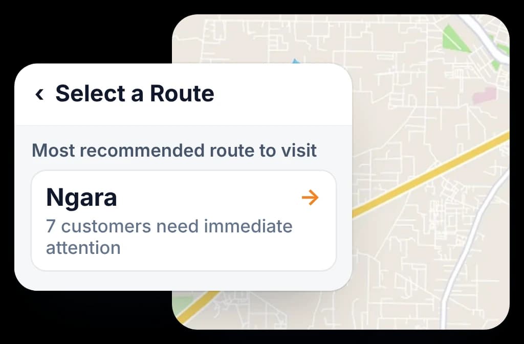 BeatRoute Select a Route screen recommending the beat with the most customers needing attention, then others by priority