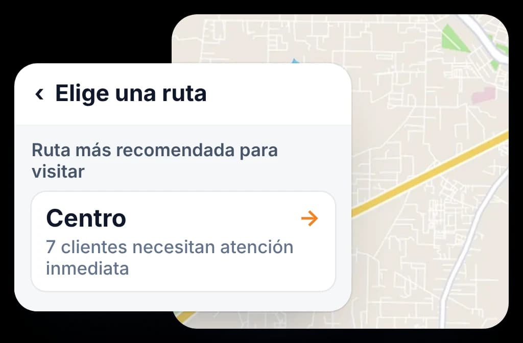 Pantalla Elige una ruta de BeatRoute: primero la ruta con más clientes que necesitan atención, luego las demás por prioridad