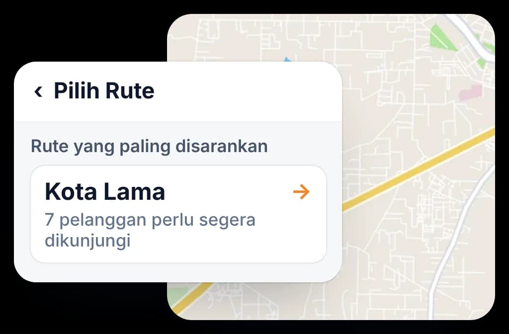 Layar Pilih Rute di BeatRoute: rute dengan pelanggan terbanyak yang perlu dikunjungi lebih dulu, lalu rute lain sesuai prioritas