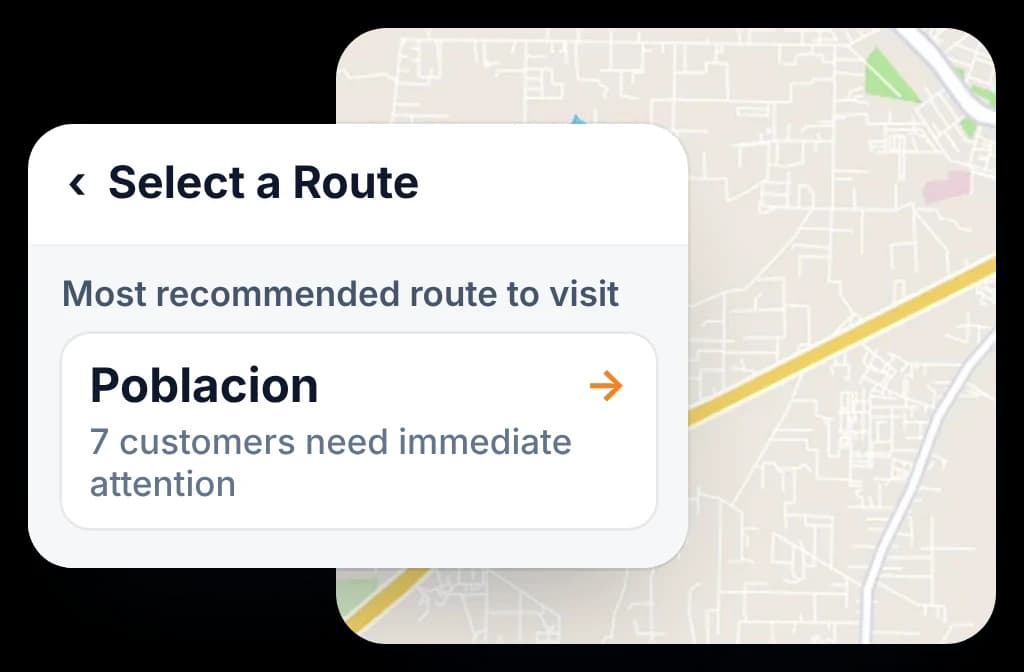 BeatRoute Select a Route screen recommending the beat with the most stores needing attention, then others by priority