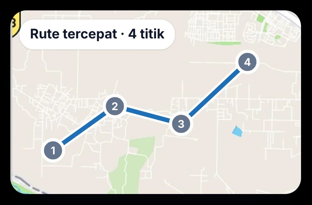 Peta kota dengan rute tercepat melewati empat titik abu-abu, tanpa penanda nilai atau prioritas outlet