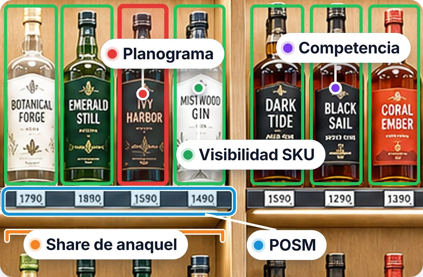 Foto de un anaquel con lo que revisa la IA: planograma, share de anaquel, visibilidad de SKU, POSM y la competencia