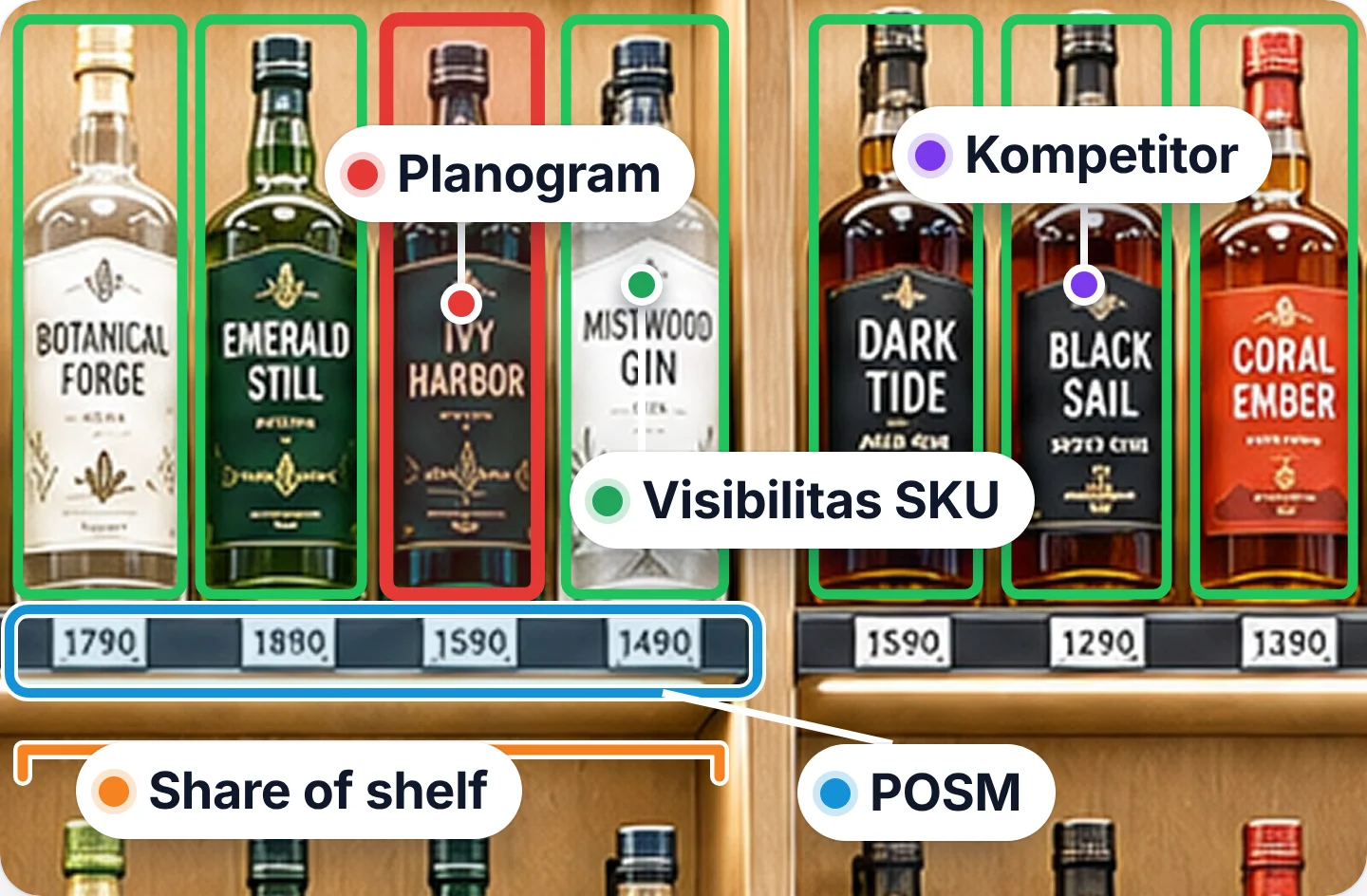 Foto rak yang ditandai dengan yang dicek AI: planogram, share of shelf, visibilitas SKU, POSM, dan kompetitor