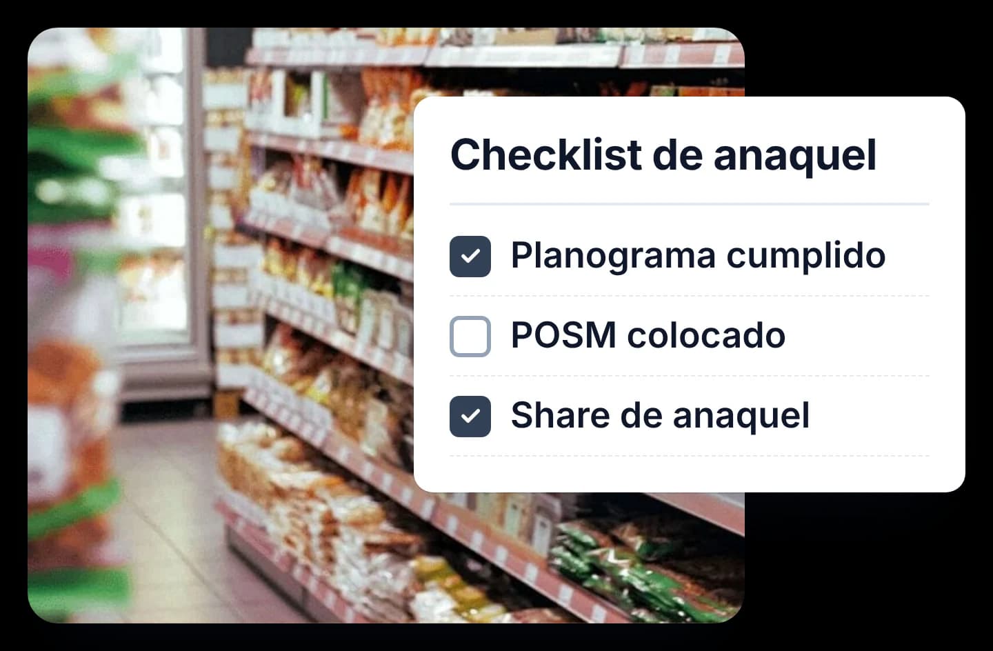 Un checklist de anaquel en papel con casillas marcadas y vacías, frente al pasillo de un supermercado