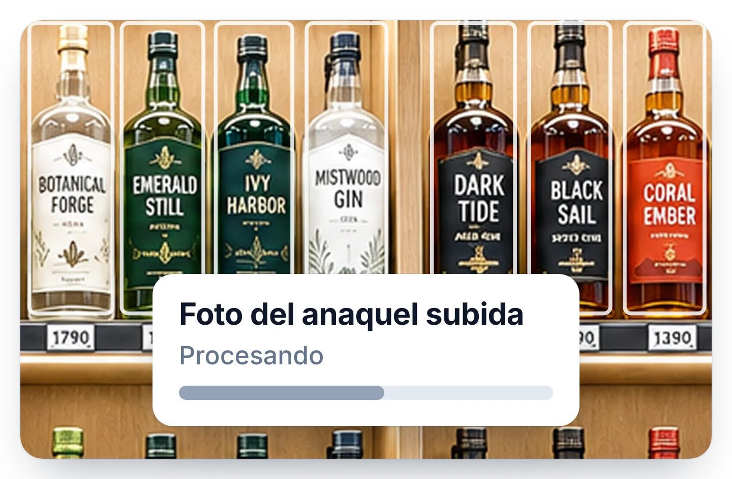 Foto de anaquel subida a una herramienta de reconocimiento de imagen, con los productos marcados mientras se procesa