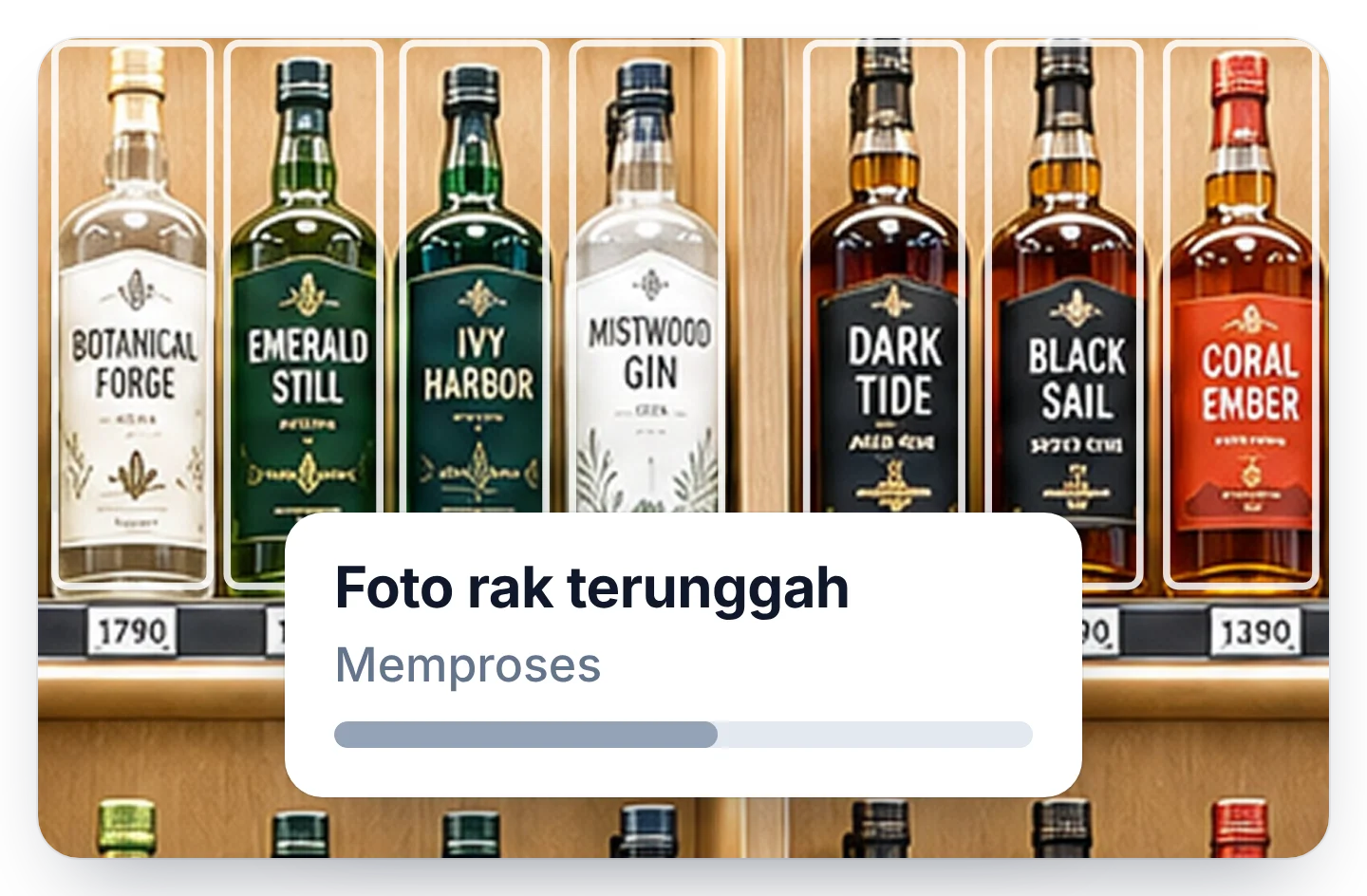 Foto rak yang diunggah ke alat pengenalan gambar, produknya ditandai kotak selagi unggahan masih diproses