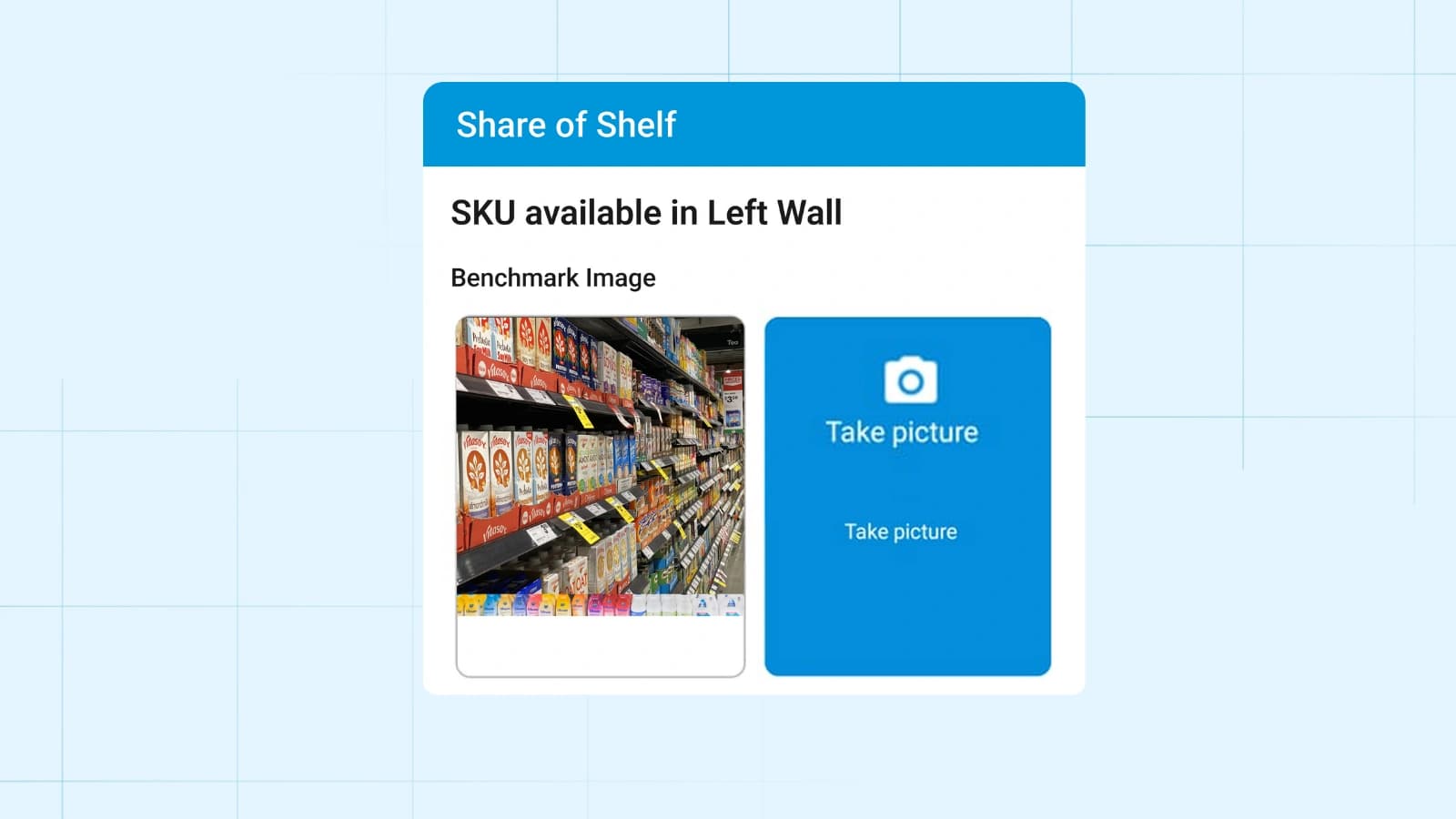 Share of shelf check comparing a benchmark planogram image with the live shelf.