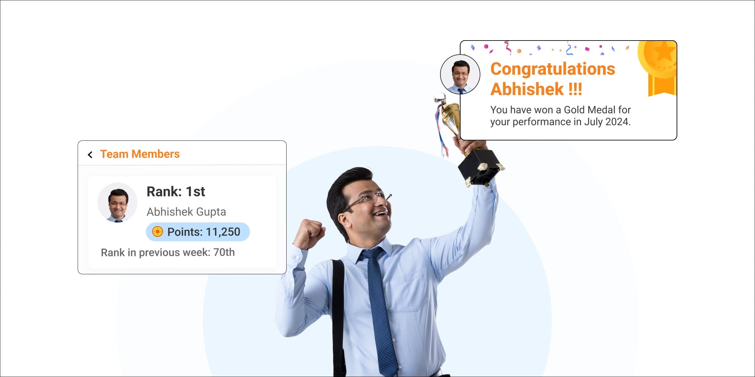 Sales rep celebrating a gold medal and first place on the team leaderboard.