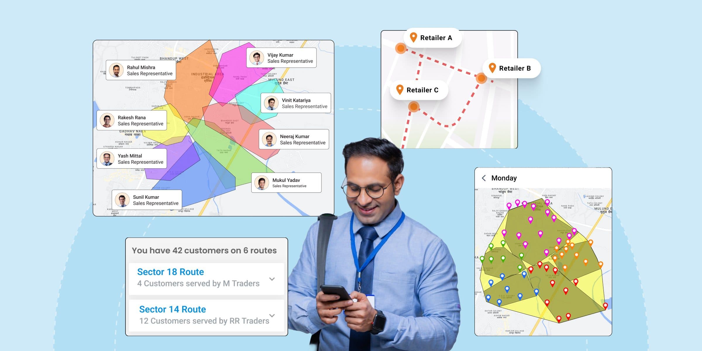 Vista del gerente con territorios mapeados que muestra cuarenta y dos clientes en seis rutas.