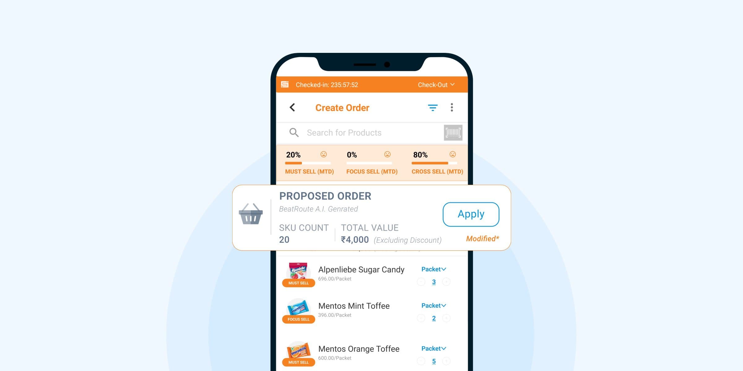 Order booking screen with a proposed order basket and SKU level targets.