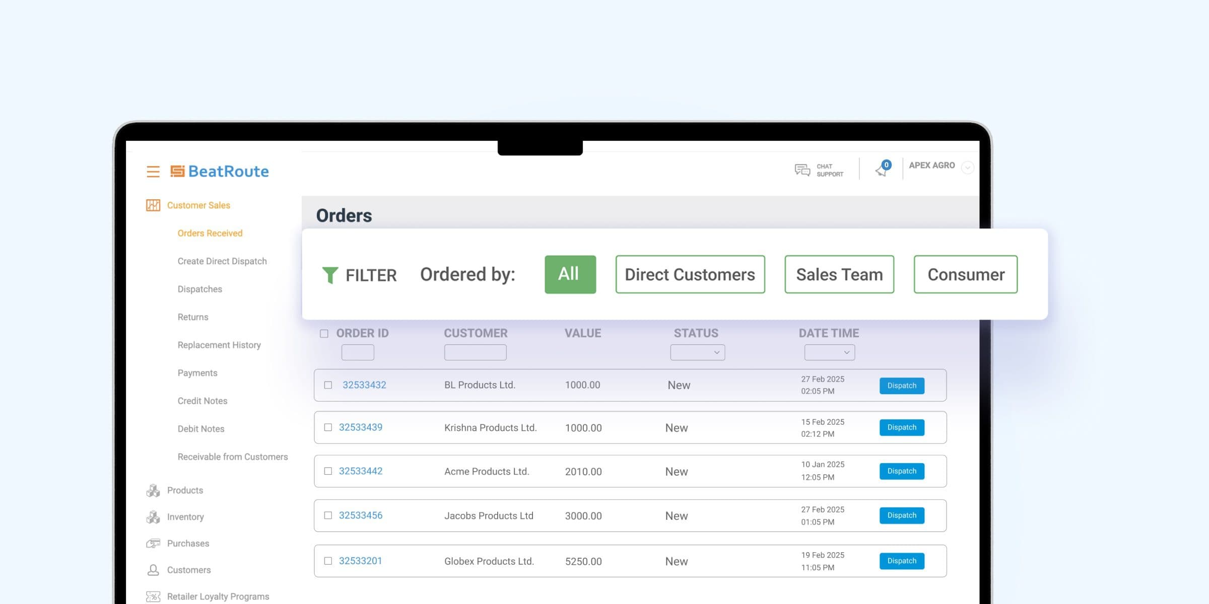 Consola de distribución que filtra pedidos por clientes directos, equipo de ventas y canal de consumo.