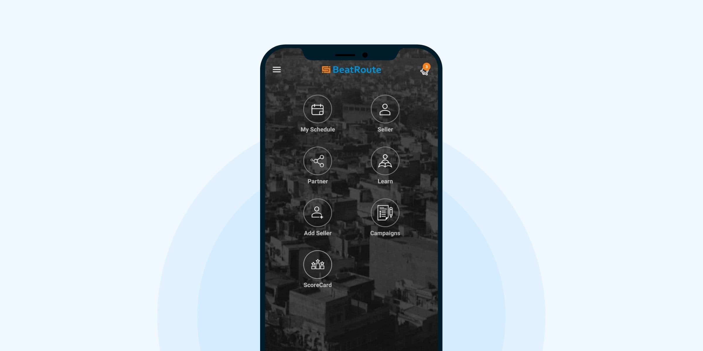 Sales rep app home screen with schedule, orders, tasks and scorecard tiles.