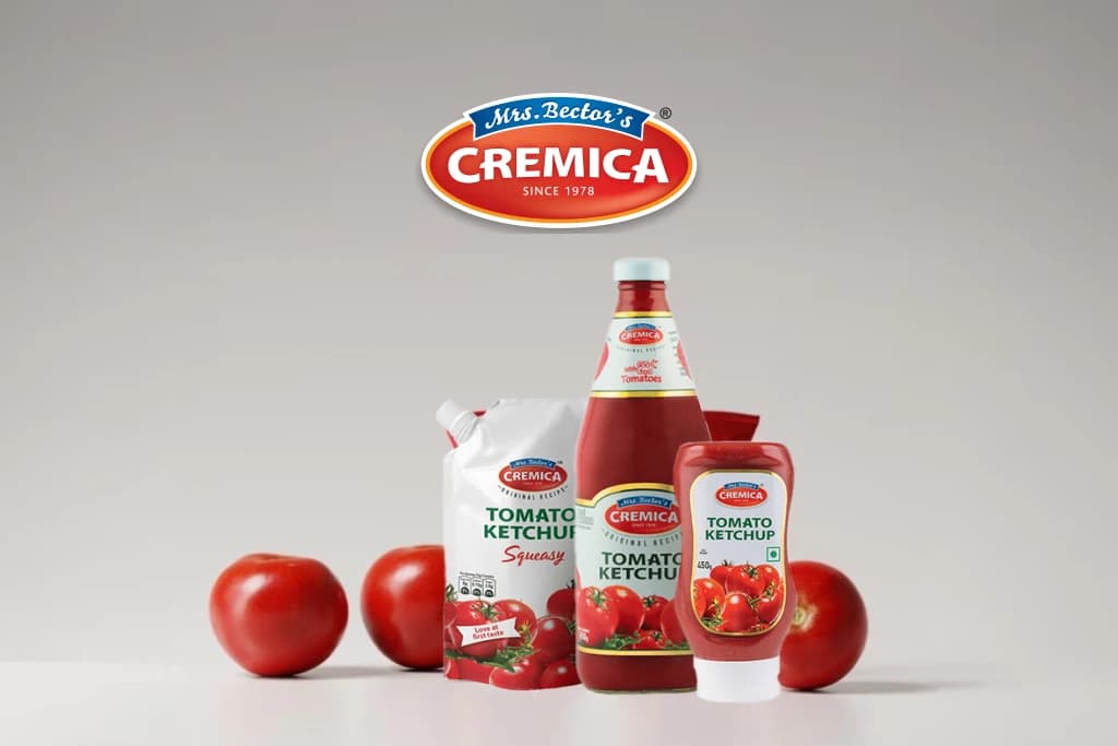 Cremica tomato ketchup in a bottle, squeeze bottle and pouch, under the Cremica logo