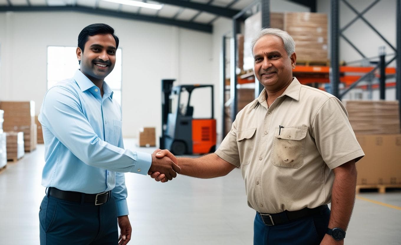 Sales representative shaking hands with a distributor inside a distribution warehouse.