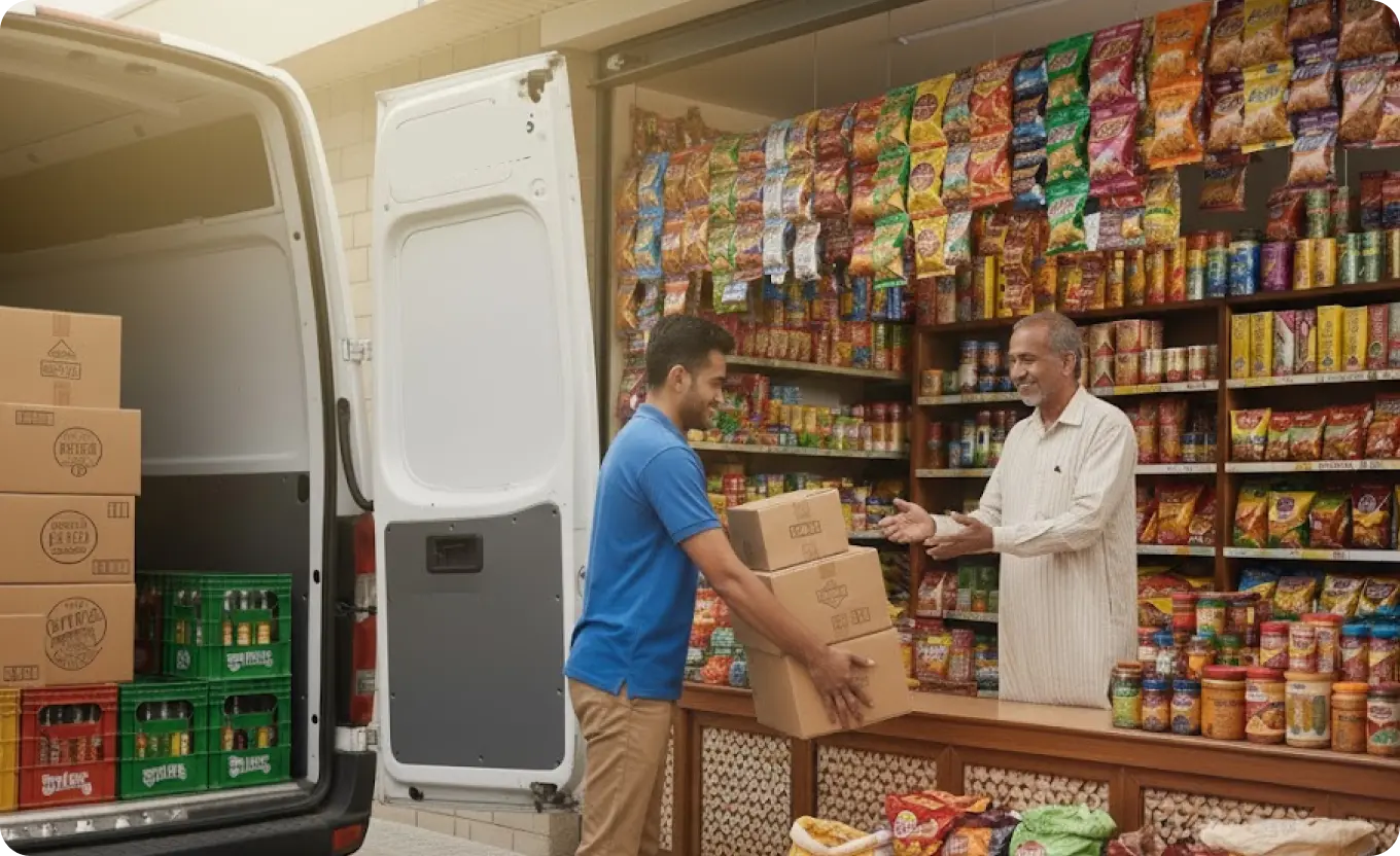 Van sales rep unloading cartons directly into a general trade store.