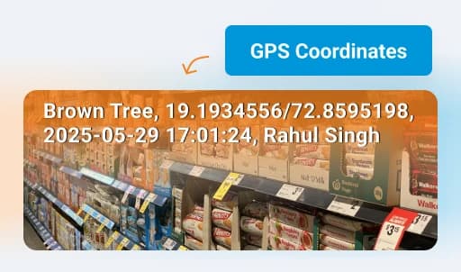 Shelf photo from an outlet visit, stamped with the outlet name, GPS coordinates, date and time, and the rep's name