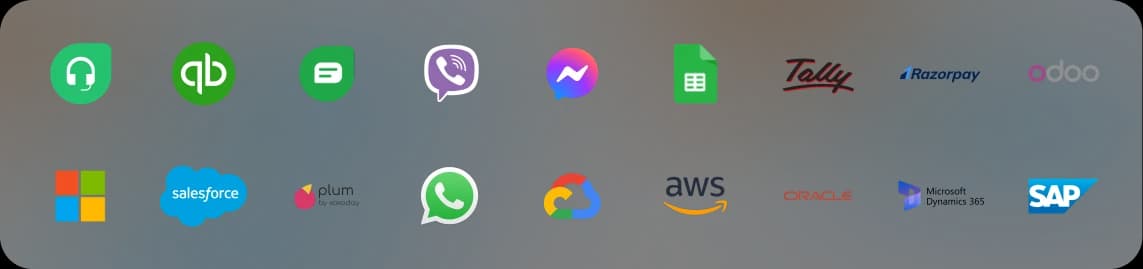 BeatRoute low-code integrations with 300+ apps including Tally, SAP, Oracle, Salesforce, Microsoft Dynamics 365, AWS, and WhatsApp.