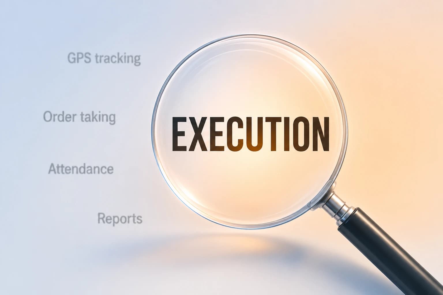 A magnifying glass focused on the word Execution, past faded field sales features like GPS tracking, order taking, attendance, and reports.