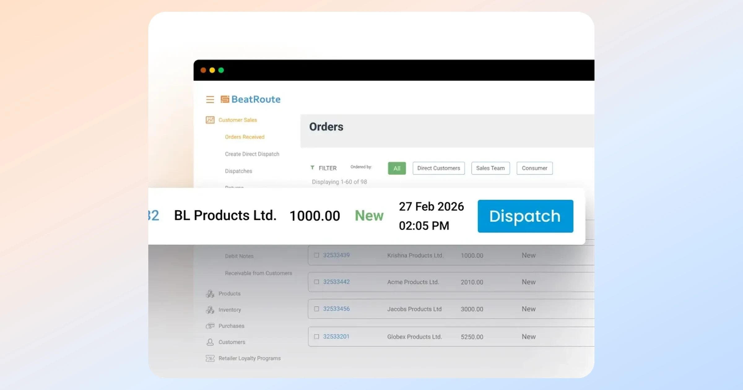 BeatRoute Distributor Management System showing received orders with a highlighted order ready to dispatch.