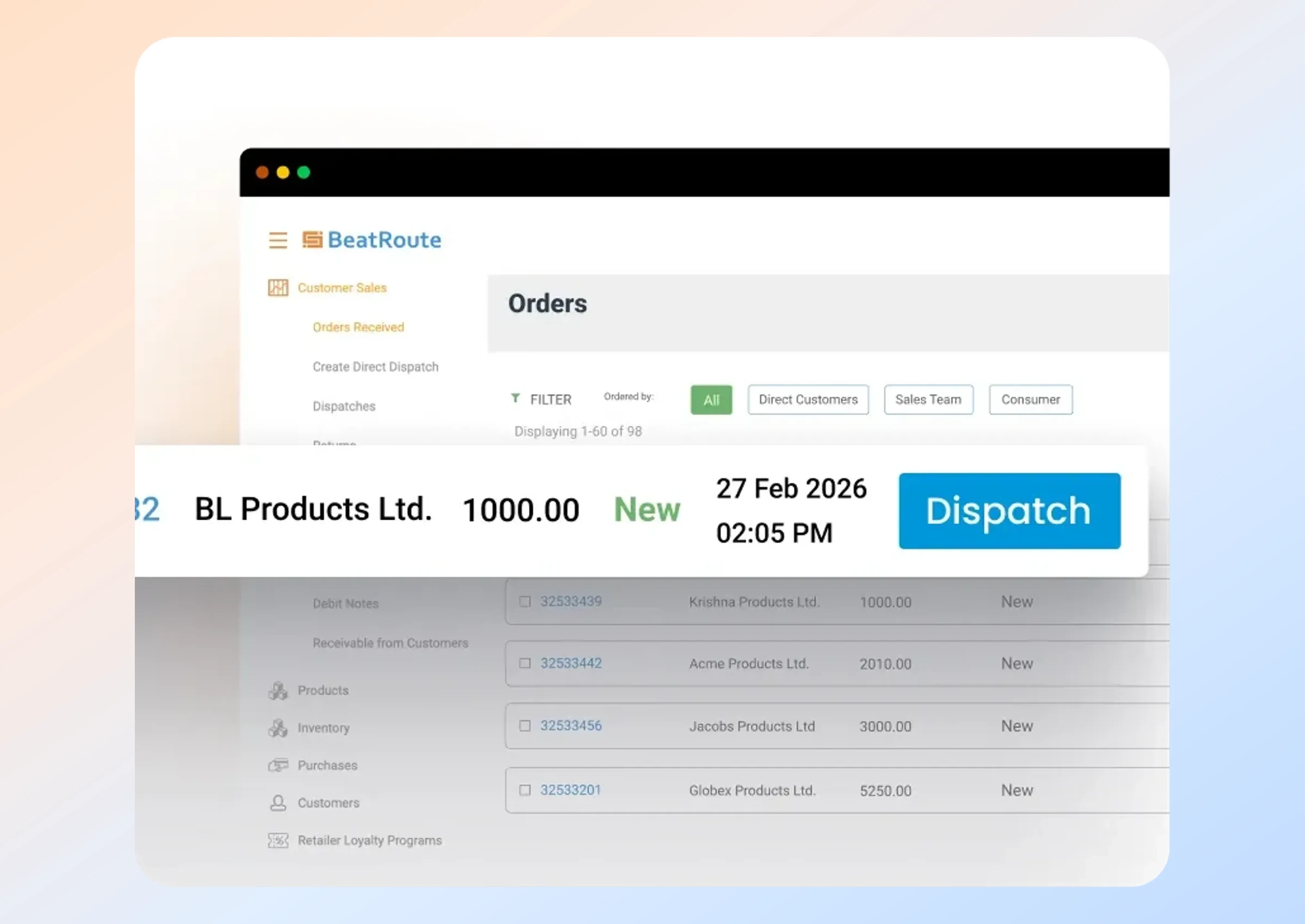 Distributor management console listing incoming orders ready for dispatch.