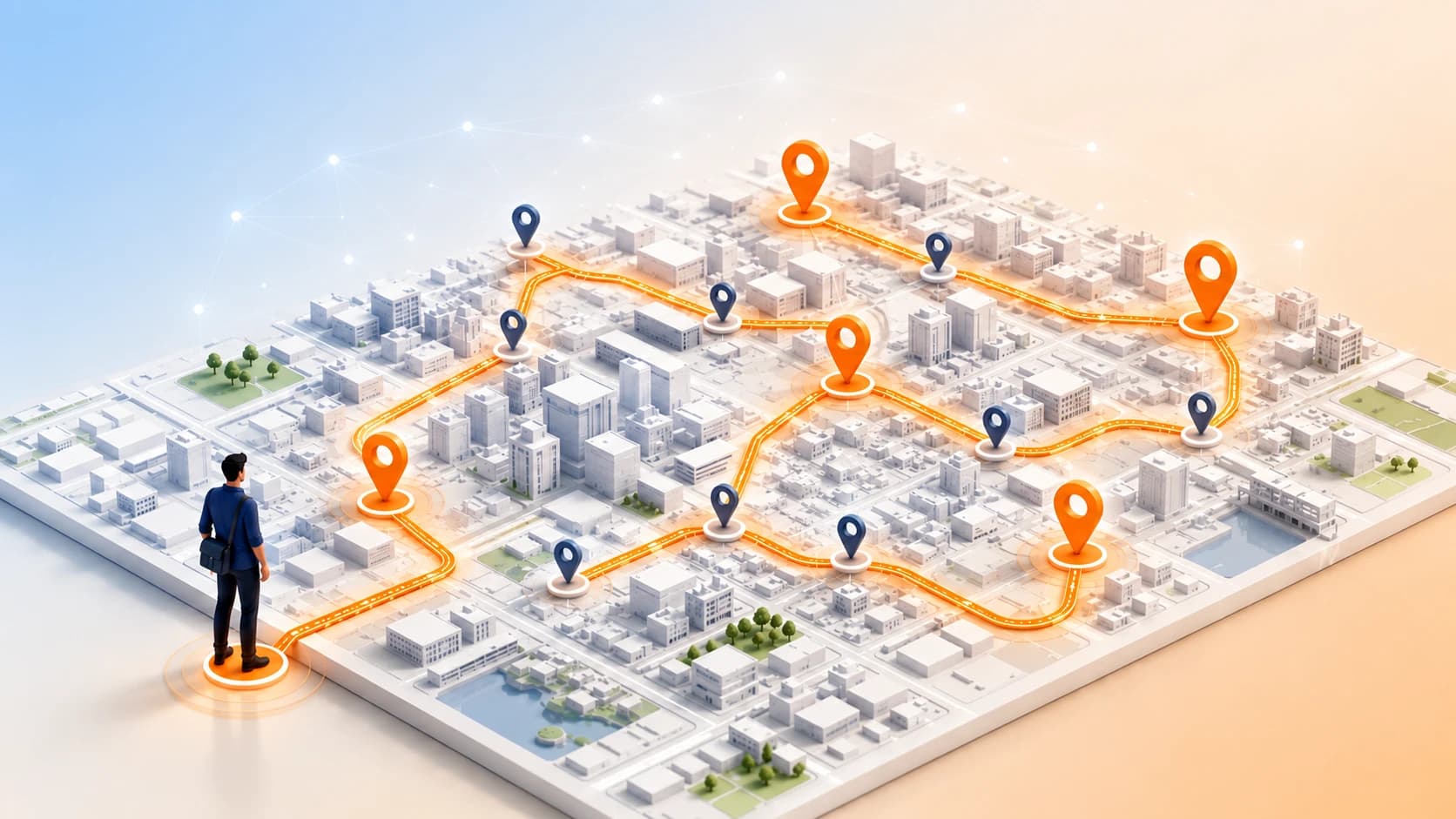 Journey Planning: a sales representative and an optimized multi-stop route across a city map.