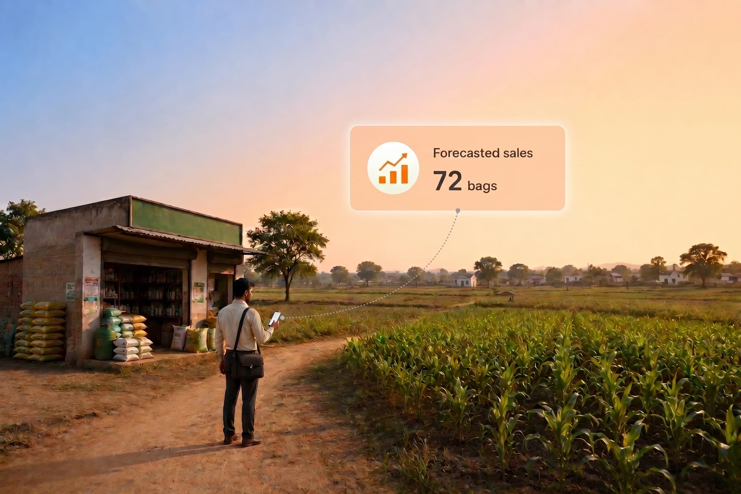 Rolling Sales Forecasting: a field rep outside an agri-input store updates the forecast from the field.