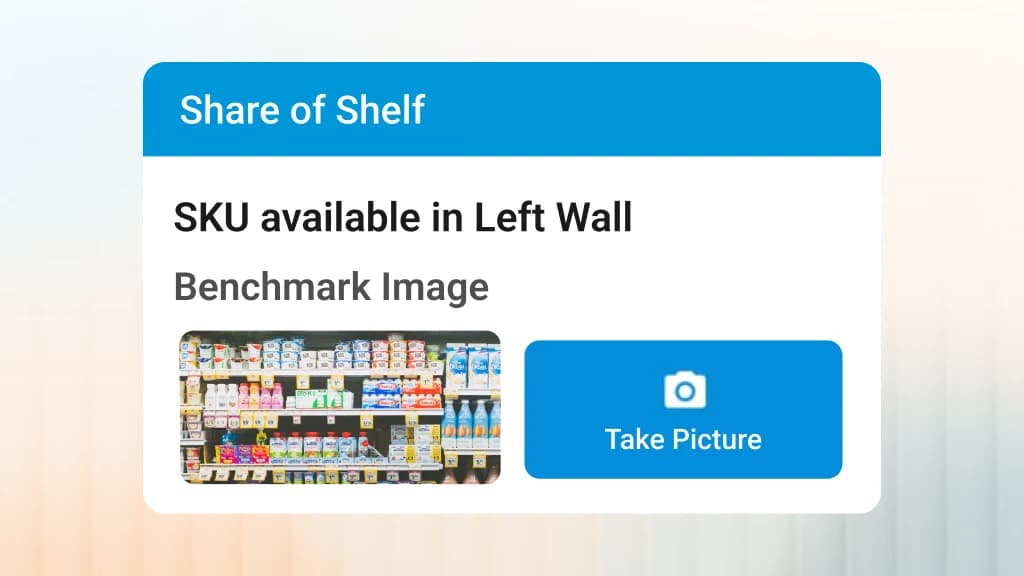 Layar audit share of shelf di aplikasi BeatRoute: gambar acuan rak dan tombol ambil foto untuk memeriksa planogram