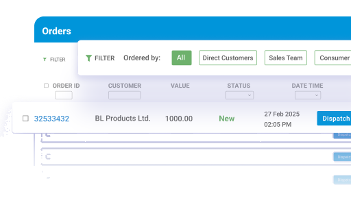 Layar Orders di BeatRoute DMS: distributor menyaring order retailer yang masuk menurut sumbernya, lalu meneruskan tiap order ke pengiriman