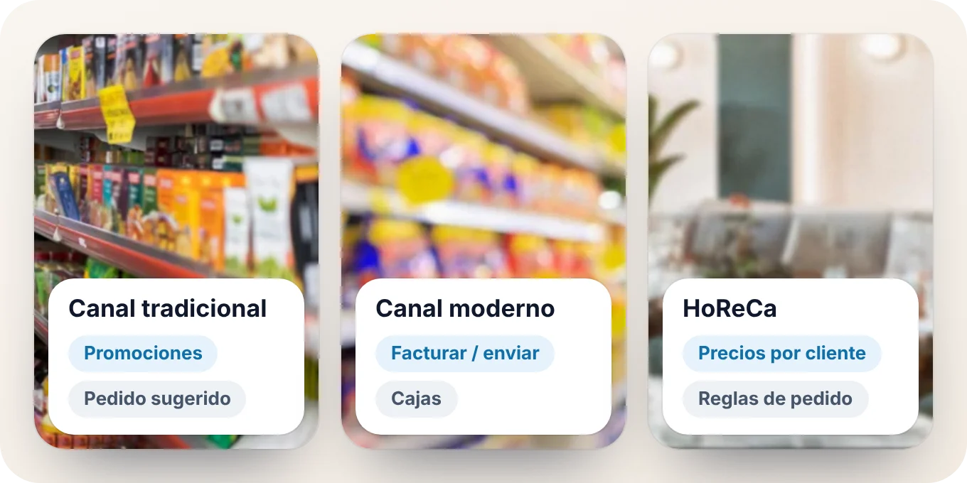 Canal tradicional, canal moderno y HoReCa, cada uno con lo que la app de toma de pedidos debe resolver en ese canal