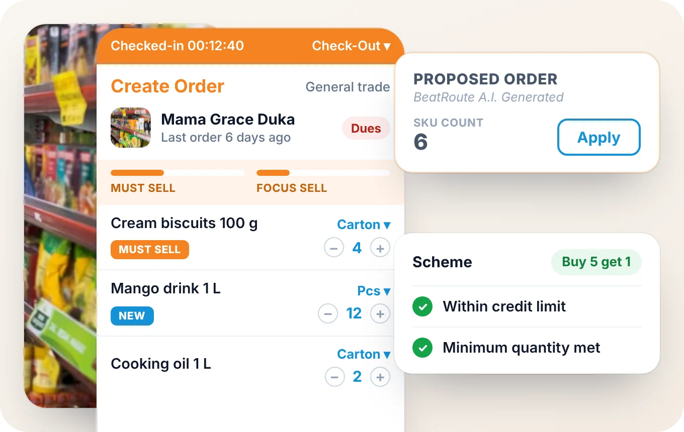 BeatRoute Create Order screen for Mama Grace Duka with a proposed order, must-sell and new SKUs, a scheme and credit checks