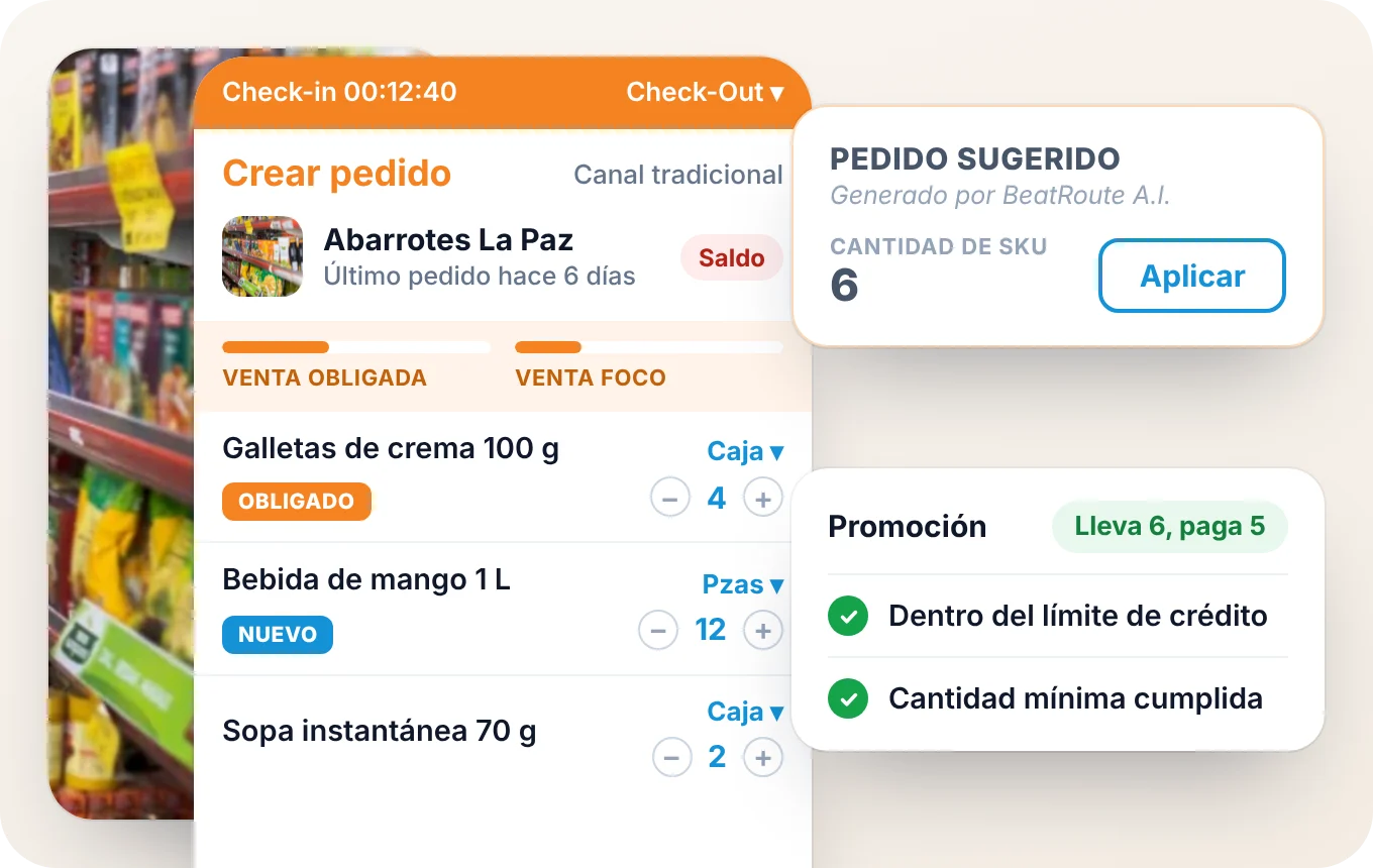 Pantalla Crear pedido de BeatRoute para una tienda, con pedido sugerido, SKUs obligatorios y nuevos, una promoción y validaciones de crédito