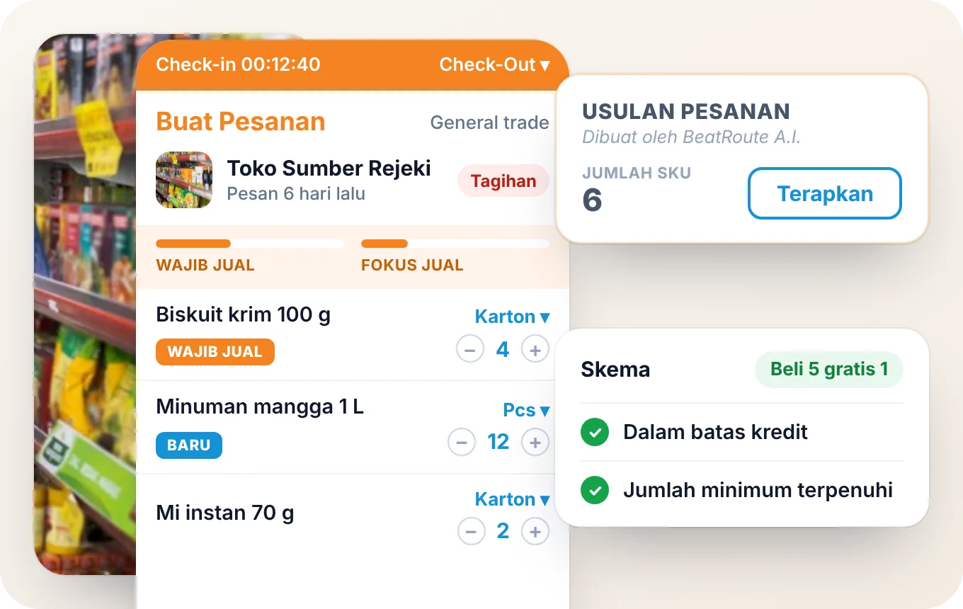 Layar Create Order BeatRoute untuk satu toko dengan usulan pesanan, SKU must-sell dan SKU baru, skema, serta pengecekan kredit