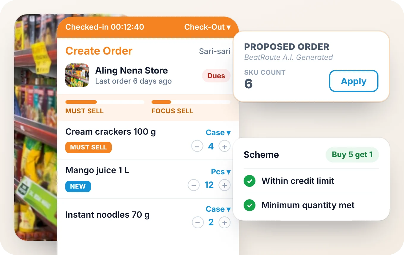BeatRoute Create Order screen for a sari-sari store with a proposed order, must-sell and new SKUs, a scheme and credit checks