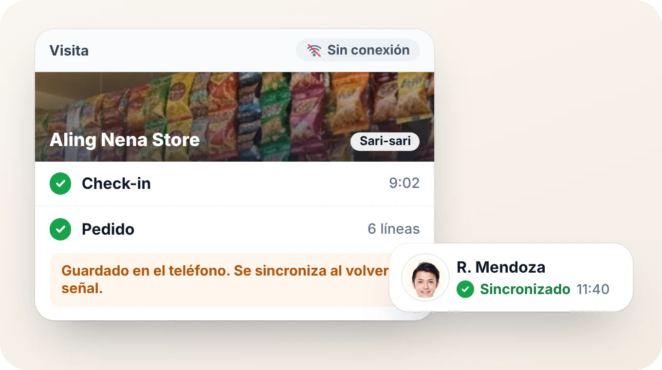 La visita de un vendedor a una tienda en la app de BeatRoute sin señal: check-in y pedido guardados en el teléfono, y luego sincronizados