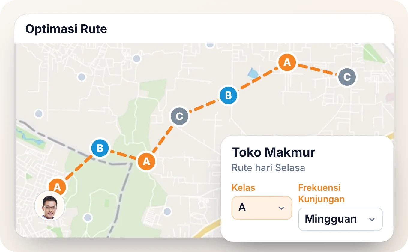 Beat hari Selasa seorang sales di peta optimasi rute, outlet bertanda A, B, atau C, dengan kelas dan frekuensi kunjungan satu toko