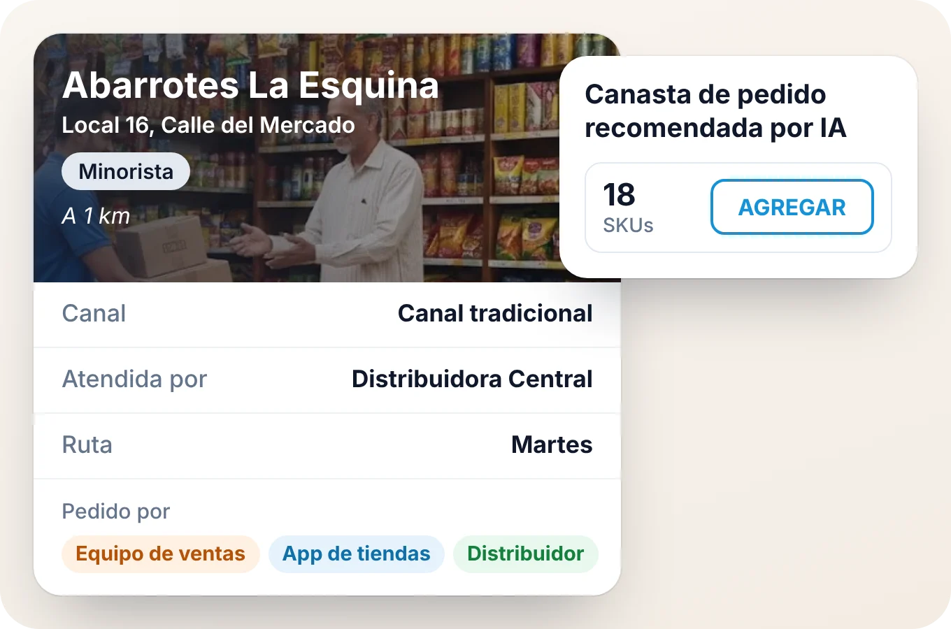 El registro de un punto de venta: su canal, distribuidor y ruta, pedidos del vendedor, de la app del minorista y del distribuidor, y una canasta sugerida por IA